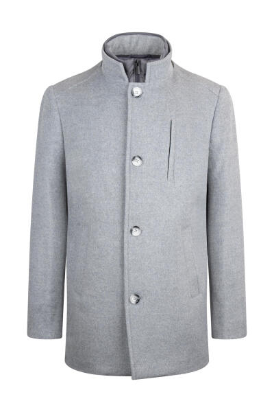 Gri Slim Fit Hakim Yaka Yünlü Basic Palto 