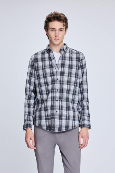 Gri Slim Fit Kareli Düğmeli Yaka Uzun Kollu Pamuklu Gömlek 