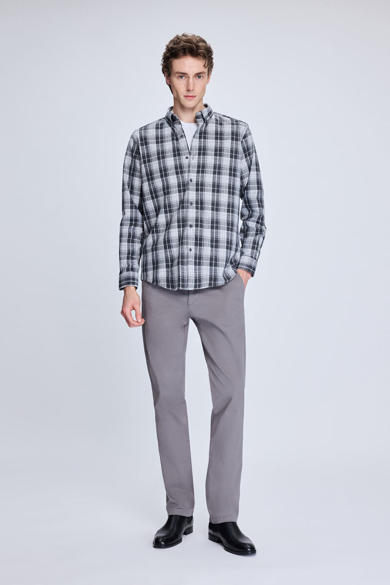 Gri Slim Fit Kareli Düğmeli Yaka Uzun Kollu Pamuklu Gömlek - Hatemoğlu (1)
