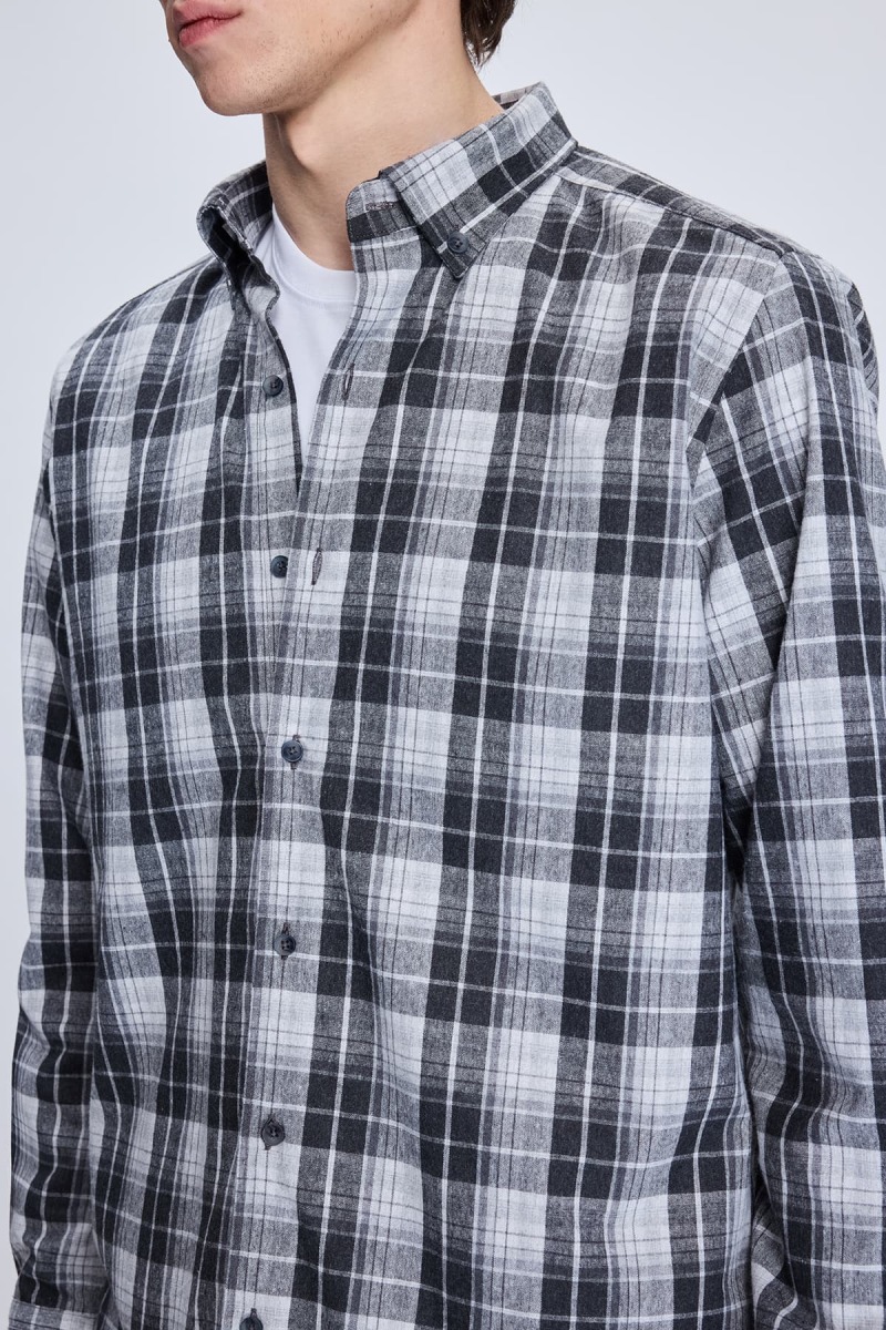 Gri Slim Fit Kareli Düğmeli Yaka Uzun Kollu Pamuklu Gömlek - Hatemoğlu (1)