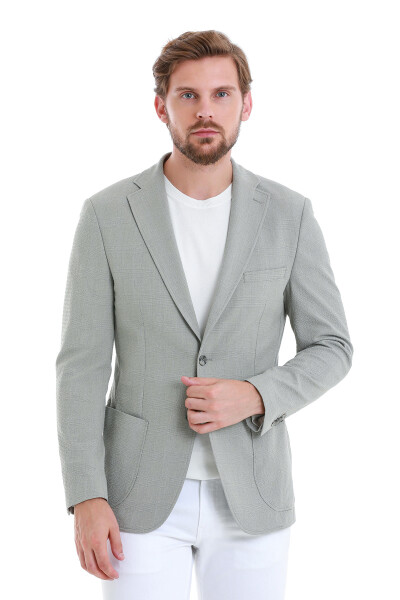 Gri Slim Fit Kareli Mono Yaka Klasik Ceket - 7