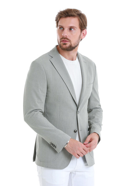 Gri Slim Fit Kareli Mono Yaka Klasik Ceket - 3