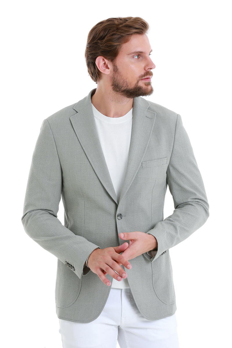 Gri Slim Fit Kareli Mono Yaka Klasik Ceket - HTML (1)