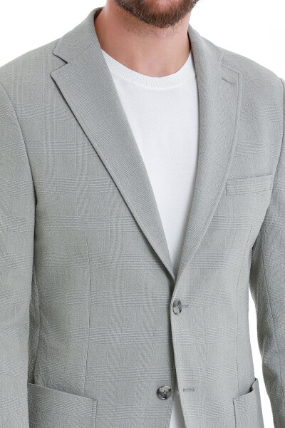 Gri Slim Fit Kareli Mono Yaka Klasik Ceket - 6