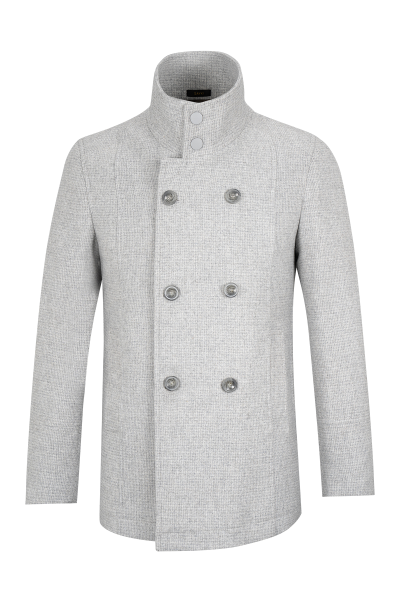 Gri Slim Fit Kruvaze Yünlü Kaban - Saykı