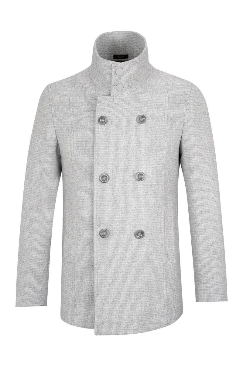 Gri Slim Fit Kruvaze Yünlü Kaban - Saykı