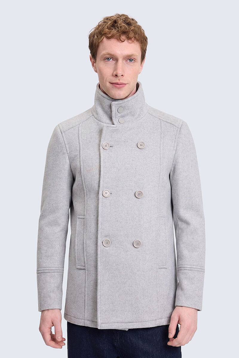 Gri Slim Fit Kruvaze Yünlü Kaşe Kaban
