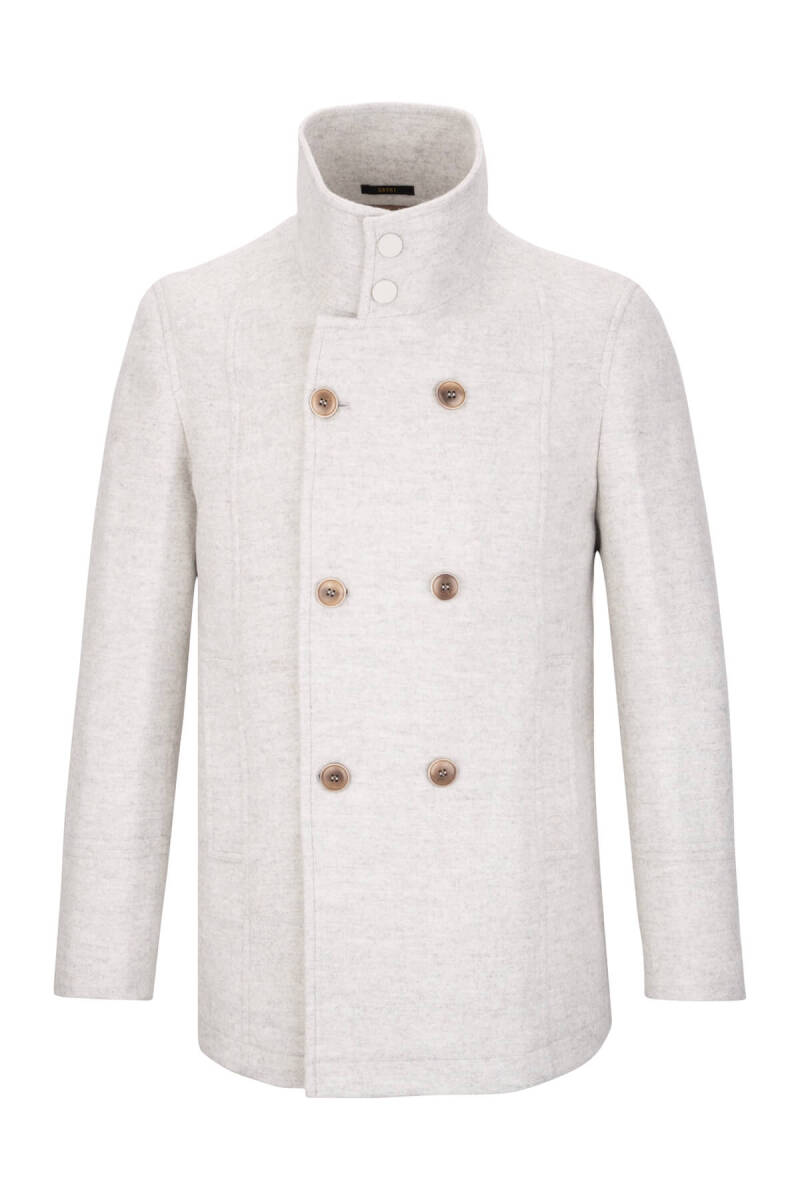 Gri Slim Fit Kruvaze Yünlü Kaşe Kaban - Saykı