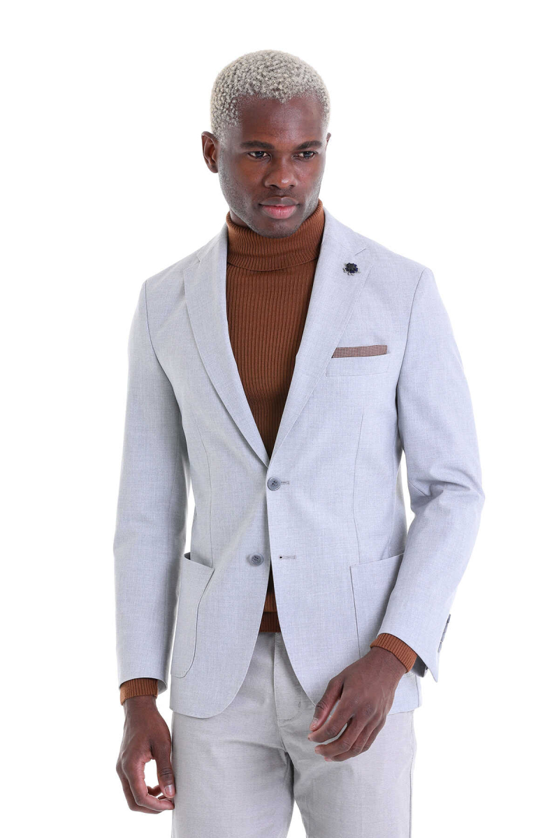 Gri Slim Fit Mono Yaka Casual Ceket - Hatem Saykı