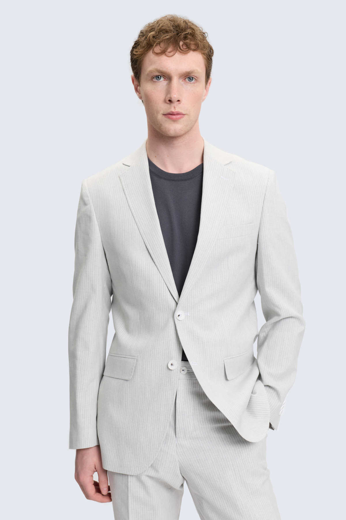 Gri Slim Fit Mono Yaka Keten Casual Takım Elbise - 2
