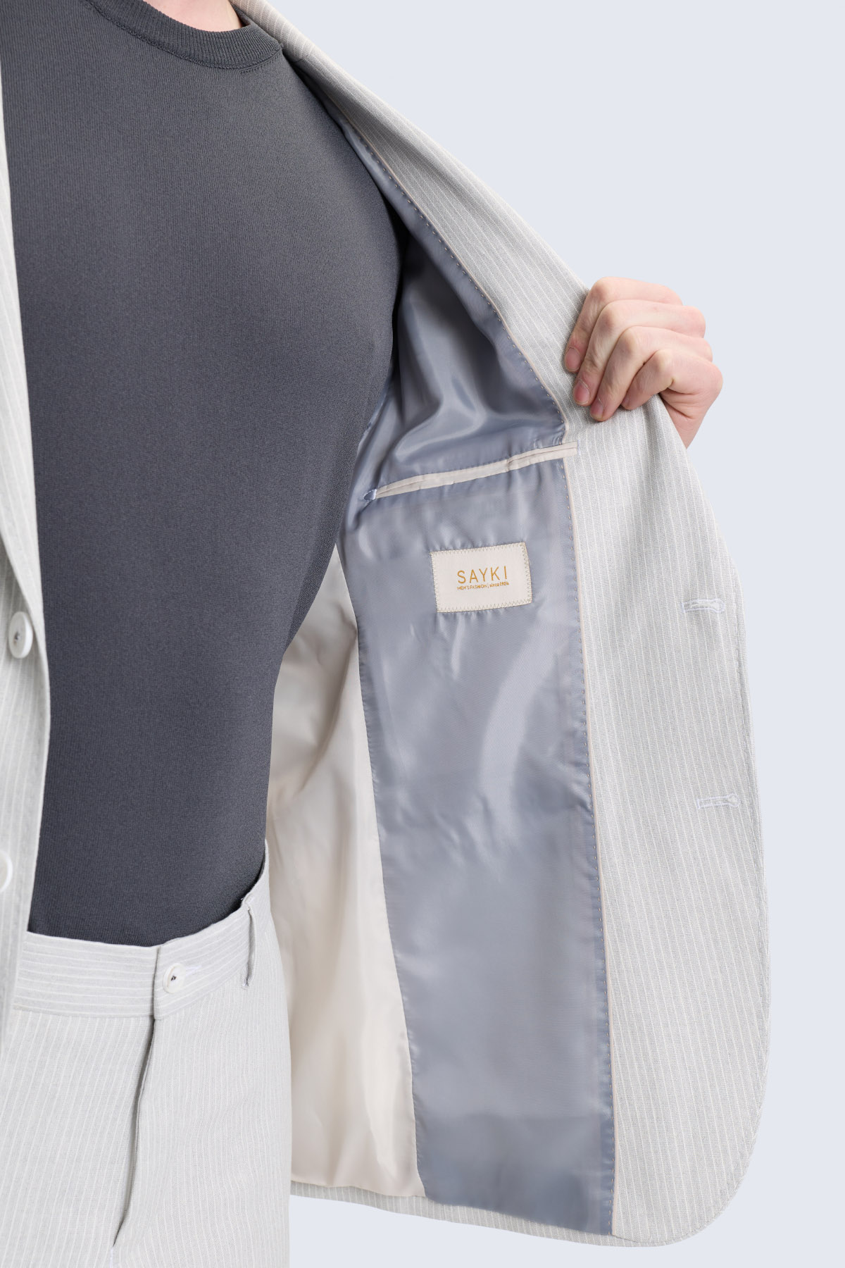 Gri Slim Fit Mono Yaka Keten Casual Takım Elbise - 4