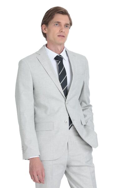 Gri Slim Fit Mono Yaka Keten Takım Elbise - 4