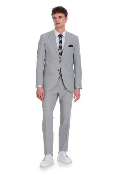 Gri Slim Fit Mono Yaka Klasik Takım Elbise 