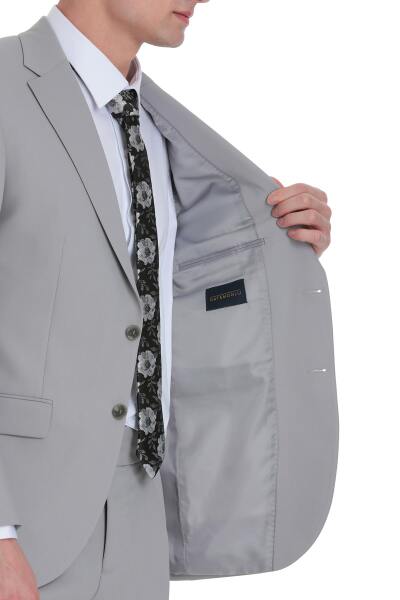 Gri Slim Fit Mono Yaka Klasik Takım Elbise - 4