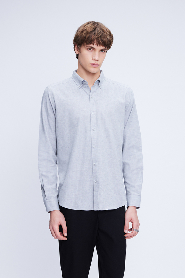 Gri Slim Fit Uzun Kol Düğmeli Yaka Flanel Gömlek - Hatem Saykı