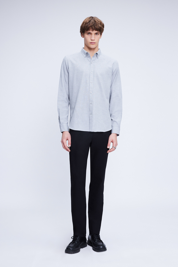 Gri Slim Fit Uzun Kol Düğmeli Yaka Flanel Gömlek - Hatem Saykı (1)