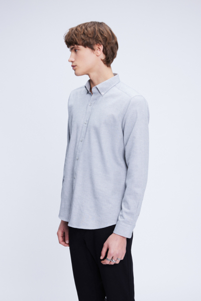 Gri Slim Fit Uzun Kol Düğmeli Yaka Flanel Gömlek - 3