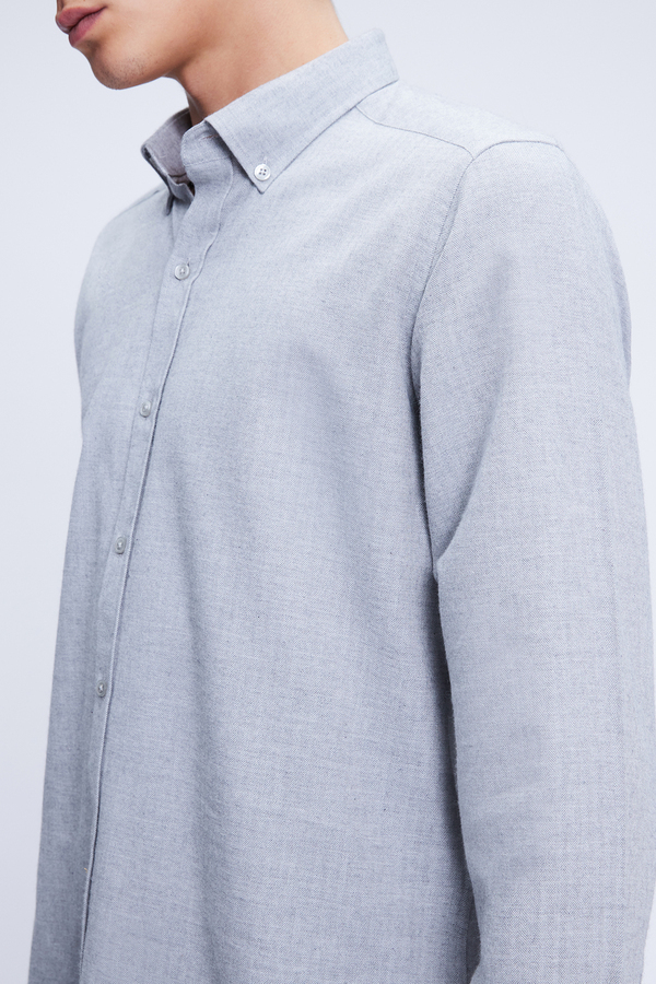 Gri Slim Fit Uzun Kol Düğmeli Yaka Flanel Gömlek - Hatem Saykı (1)