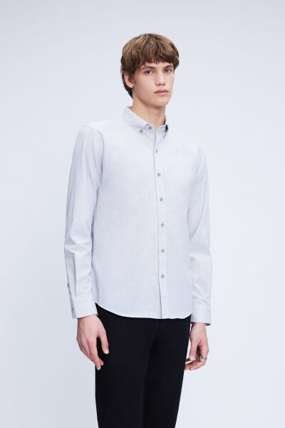 Gri Slim Fit Uzun Kollu Düğmeli Yaka Pamuklu Gömlek 