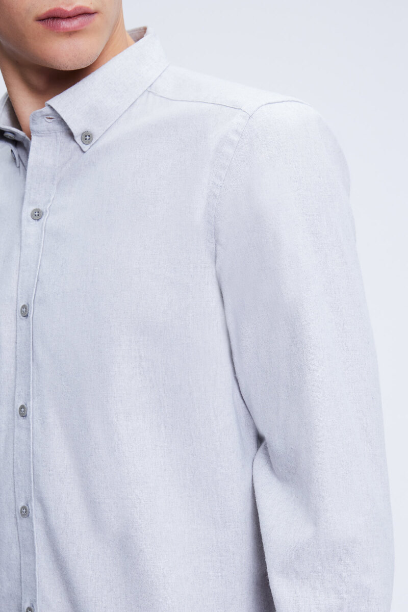 Gri Slim Fit Uzun Kollu Düğmeli Yaka Pamuklu Gömlek - HTML (1)