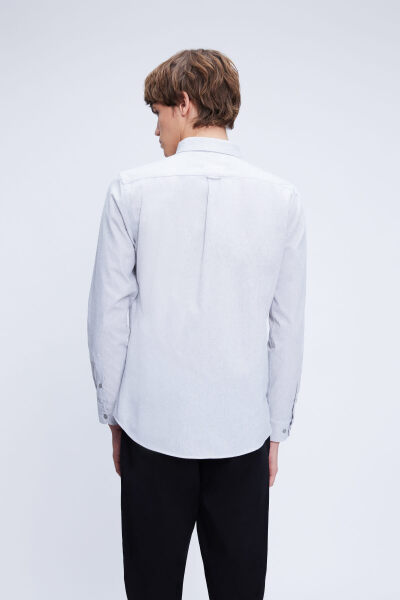 Gri Slim Fit Uzun Kollu Düğmeli Yaka Pamuklu Gömlek - 5