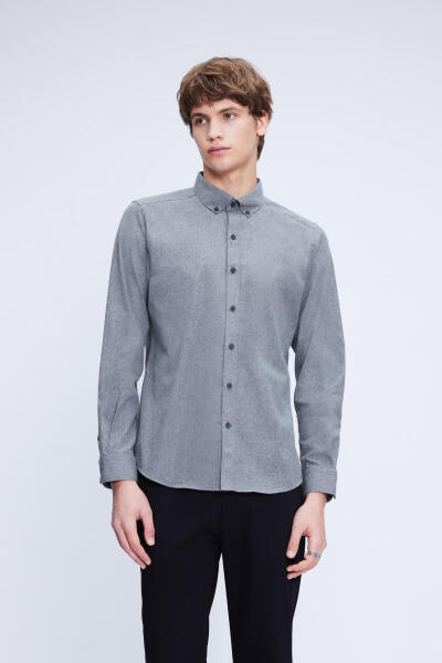 Gri Slim Fit Uzun Kollu Düğmeli Yaka Pamuklu Gömlek 