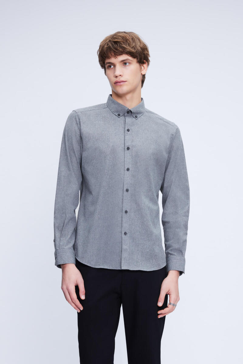 Gri Slim Fit Uzun Kollu Düğmeli Yaka Pamuklu Gömlek - HTML
