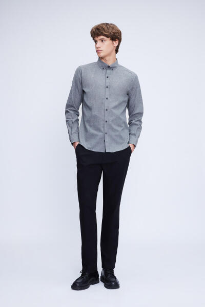 Gri Slim Fit Uzun Kollu Düğmeli Yaka Pamuklu Gömlek - 2