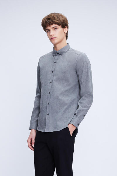 Gri Slim Fit Uzun Kollu Düğmeli Yaka Pamuklu Gömlek - 3
