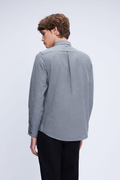 Gri Slim Fit Uzun Kollu Düğmeli Yaka Pamuklu Gömlek - 5