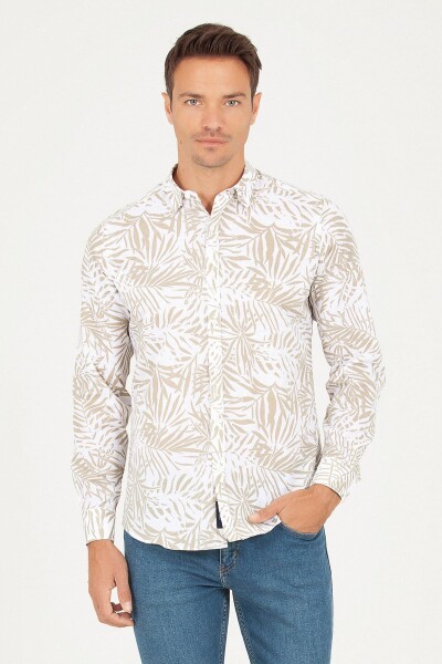 Slim Fit Bej Baskılı Spor Gömlek - 1