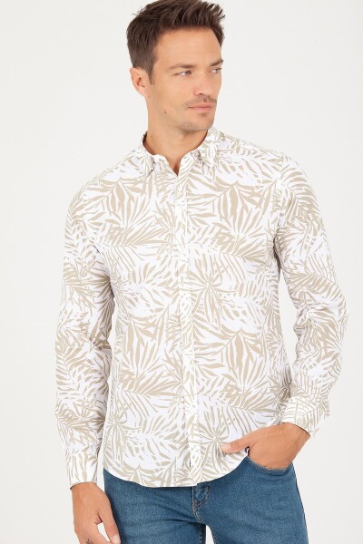 Slim Fit Bej Baskılı Spor Gömlek - 3
