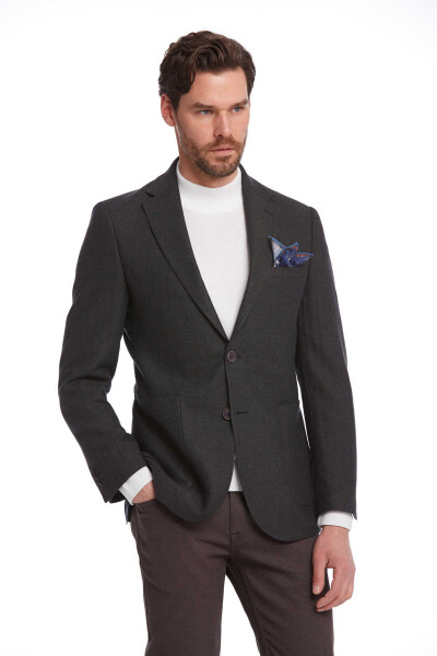 Haki Slim Fit Balıksırtı Desenli Mono Yaka Casual Yünlü Ceket - 2