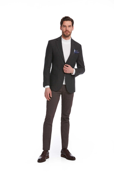 Haki Slim Fit Balıksırtı Desenli Mono Yaka Casual Yünlü Ceket - 4