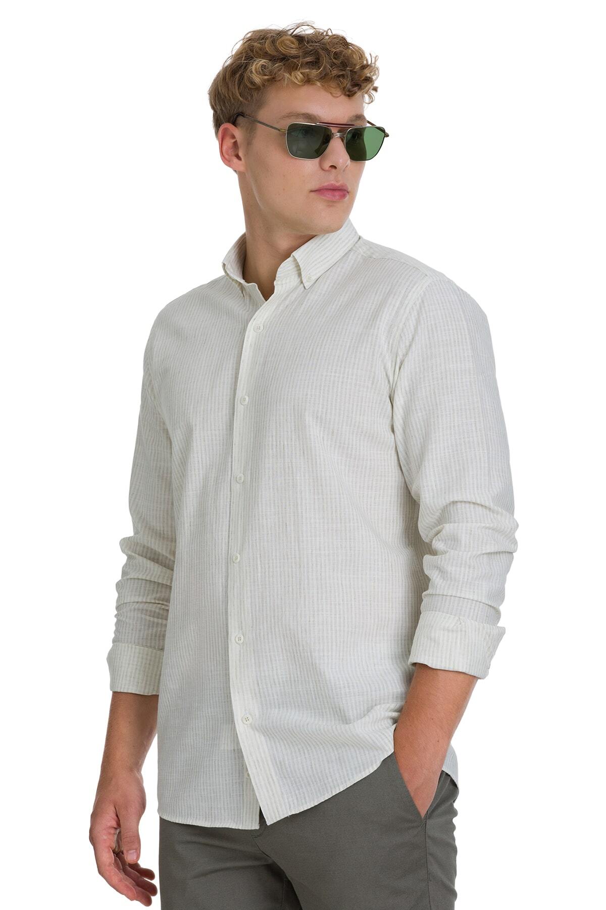 Haki Comfort Fit Çizgili Düğmeli Yaka Pamuk-Keten Uzun Kollu Gömlek - 1