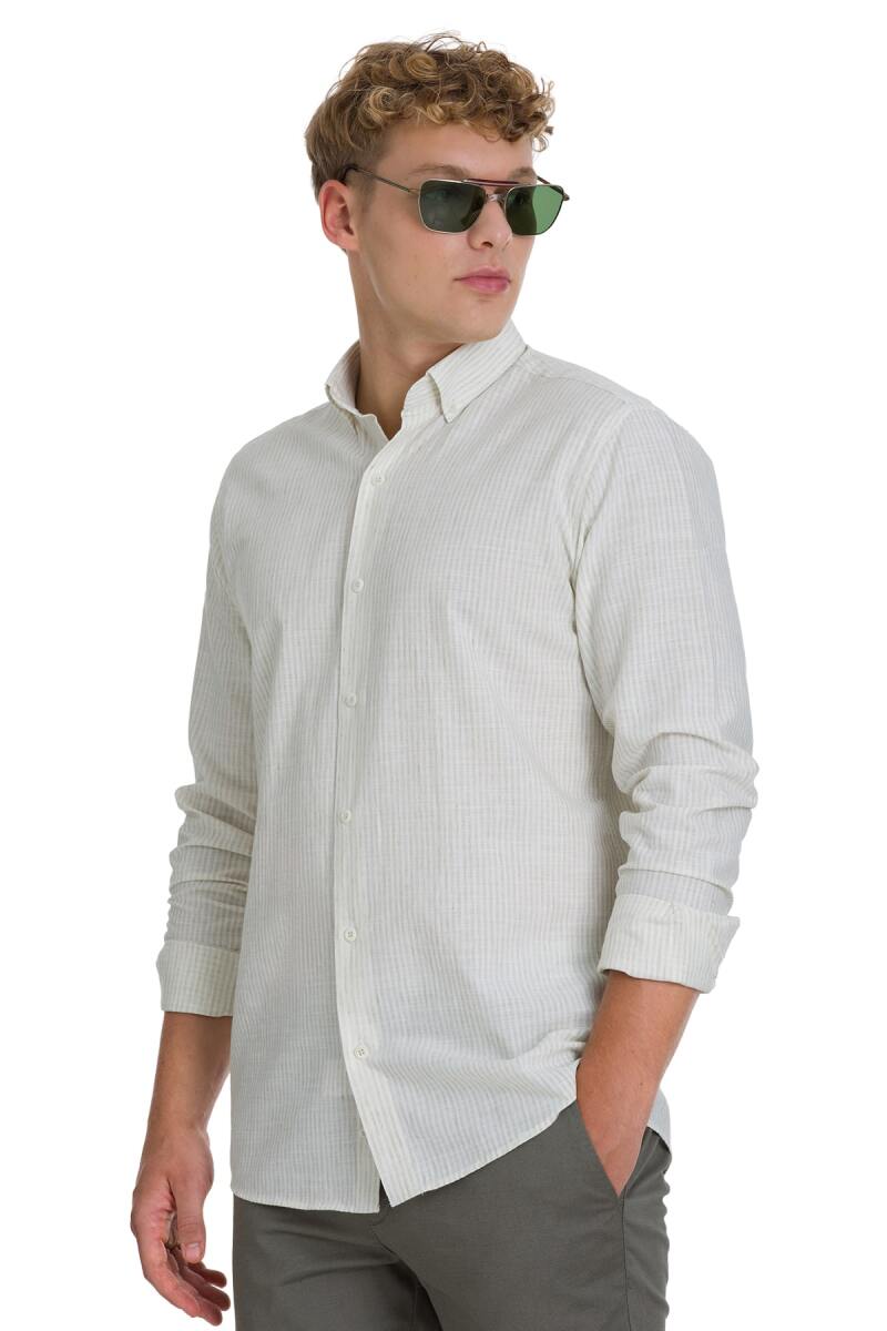 Haki Comfort Fit Çizgili Düğmeli Yaka Pamuk-Keten Uzun Kollu Gömlek - Saykı