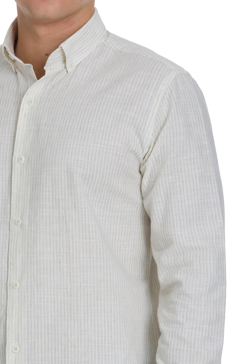 Haki Comfort Fit Çizgili Düğmeli Yaka Pamuk-Keten Uzun Kollu Gömlek - Saykı (1)
