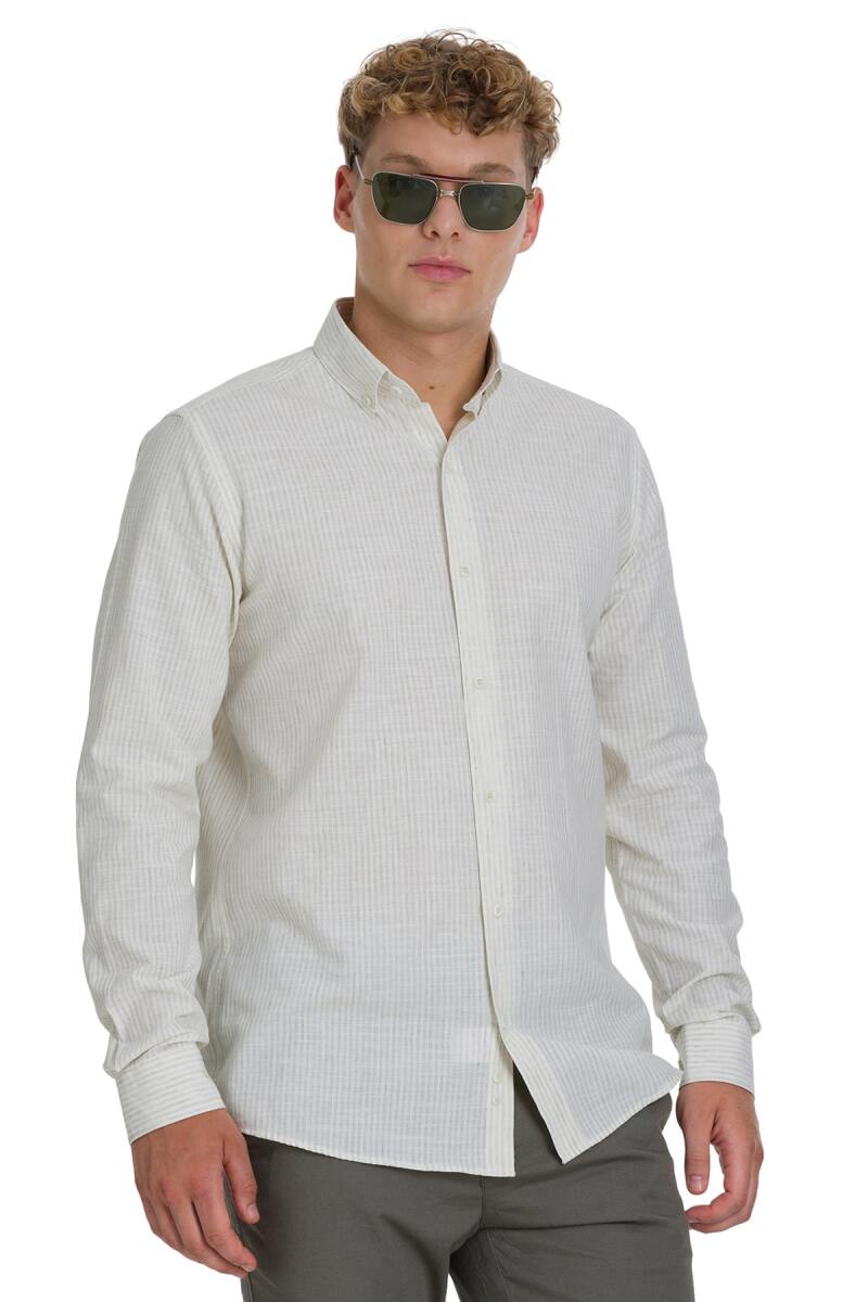 Haki Comfort Fit Çizgili Düğmeli Yaka Pamuk-Keten Uzun Kollu Gömlek - Saykı (1)