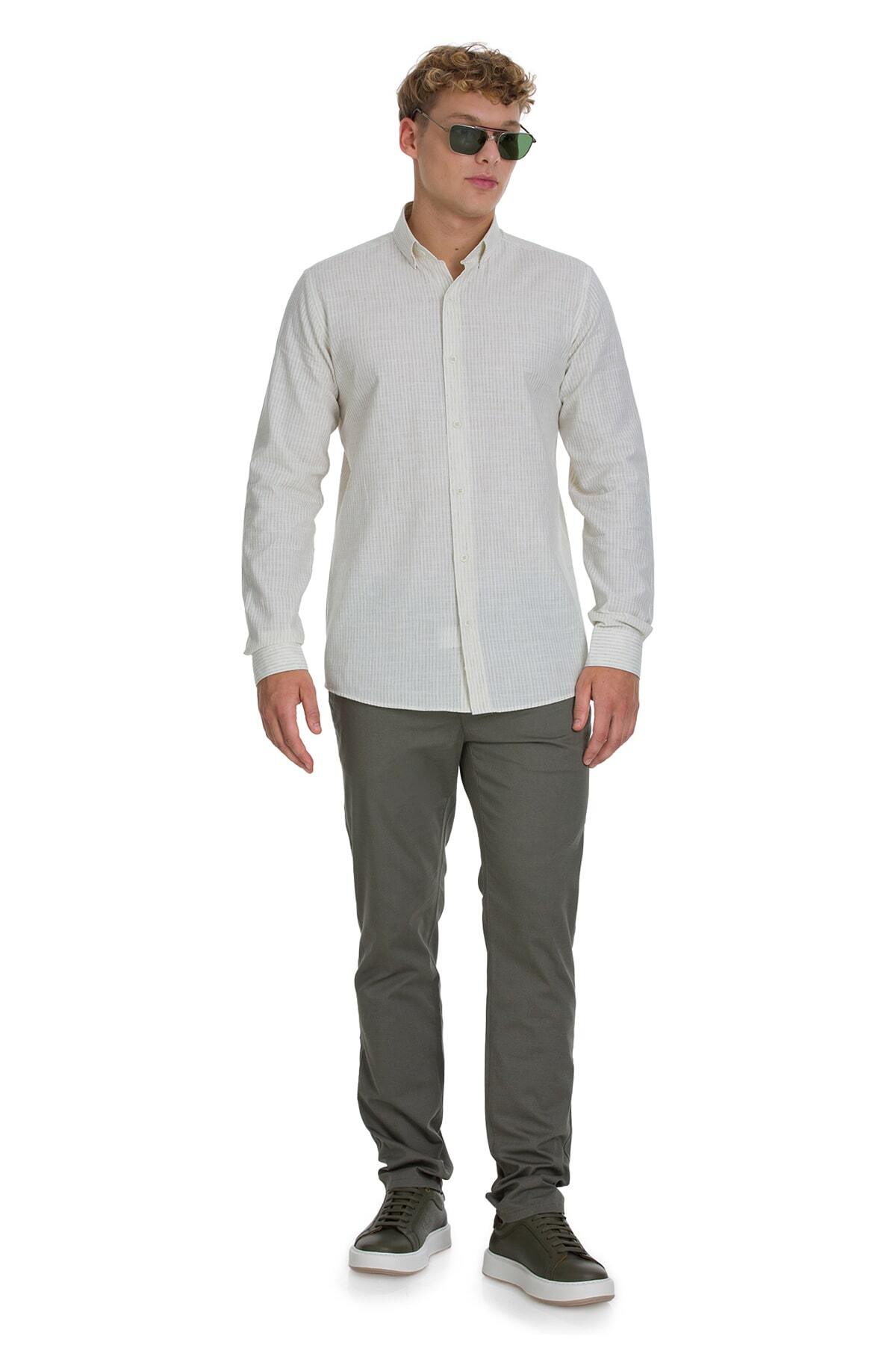 Haki Comfort Fit Çizgili Düğmeli Yaka Pamuk-Keten Uzun Kollu Gömlek - 2