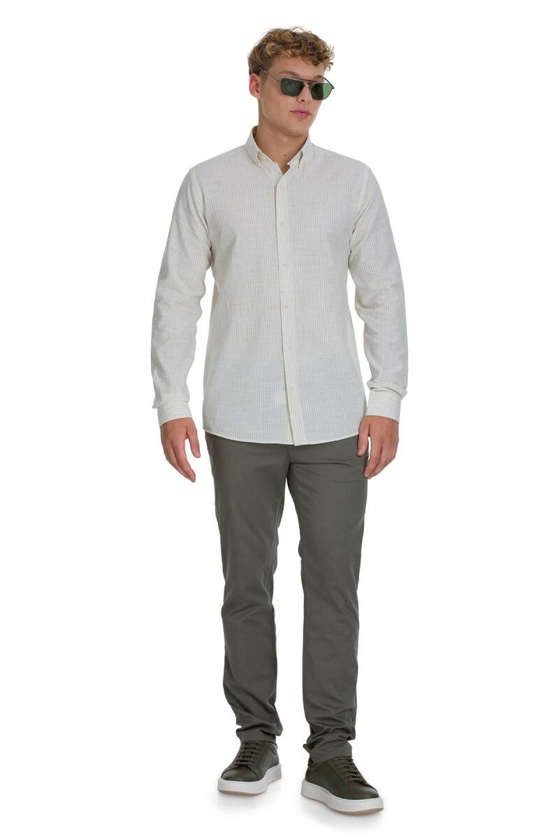 Haki Comfort Fit Çizgili Düğmeli Yaka Pamuk-Keten Uzun Kollu Gömlek - Saykı (1)
