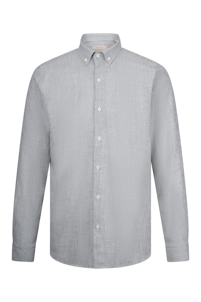 Haki Comfort Fit Çizgili Düğmeli Yaka Uzun Kollu Pamuklu Gömlek - Saykı
