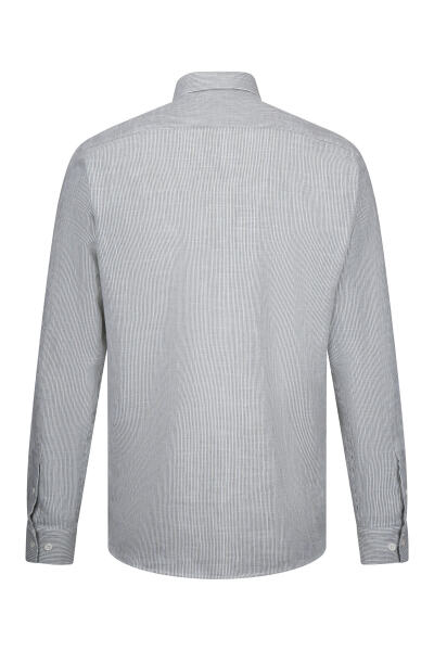 Haki Comfort Fit Çizgili Düğmeli Yaka Uzun Kollu Pamuklu Gömlek - 2