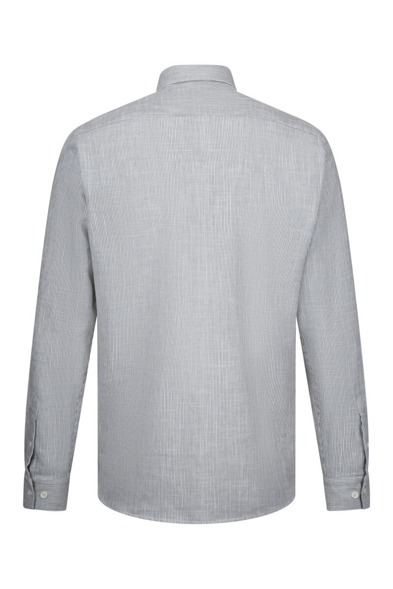 Haki Comfort Fit Çizgili Düğmeli Yaka Uzun Kollu Pamuklu Gömlek - Saykı (1)