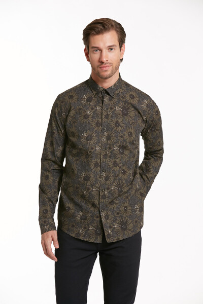 Haki Comfort Fit Uzun Kol %100Pamuk Baskılı Casual Gömlek - 5