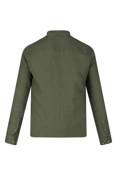 Haki Comfort Fit 100% Keten Düğmeli Yaka Uzun Kollu Keten Gömlek - 3