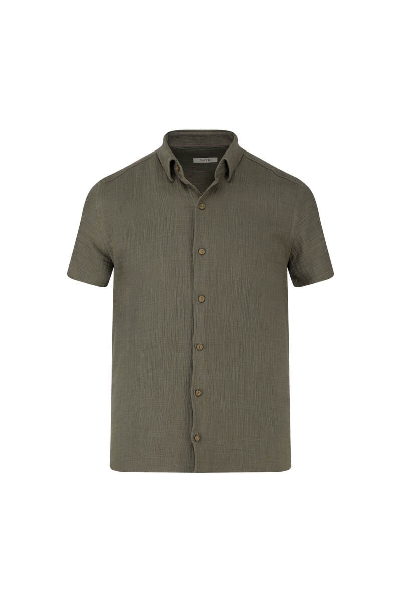 Haki Comfort Fit 100% Pamuk Gizli Düğmeli Yaka Kısa Kollu Gömlek - Saykı
