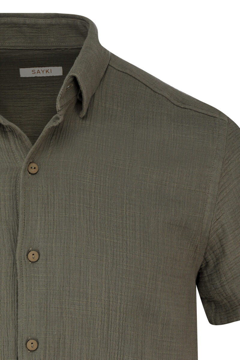 Haki Comfort Fit 100% Pamuk Gizli Düğmeli Yaka Kısa Kollu Gömlek - Saykı (1)