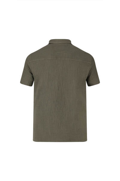 Haki Comfort Fit 100% Pamuk Gizli Düğmeli Yaka Kısa Kollu Gömlek - 3