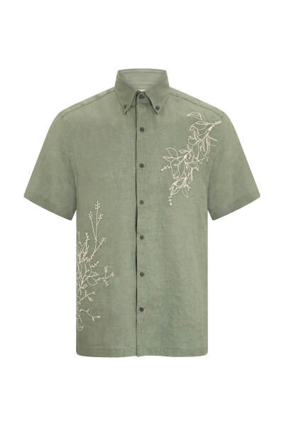 Haki Comfort Fit Düğmeli Yaka 100% Keten Kısa Kollu Gömlek - 3