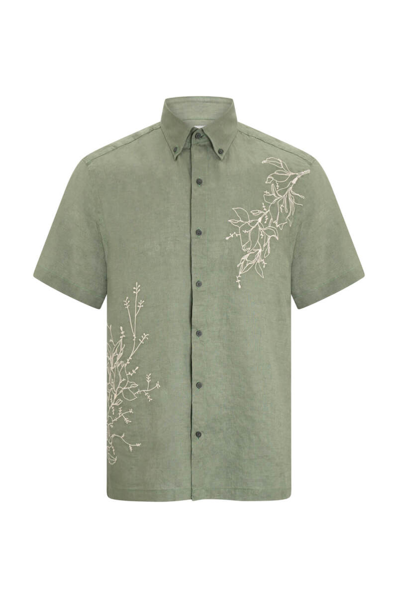 Haki Comfort Fit Düğmeli Yaka 100% Keten Kısa Kollu Gömlek - Saykı (1)